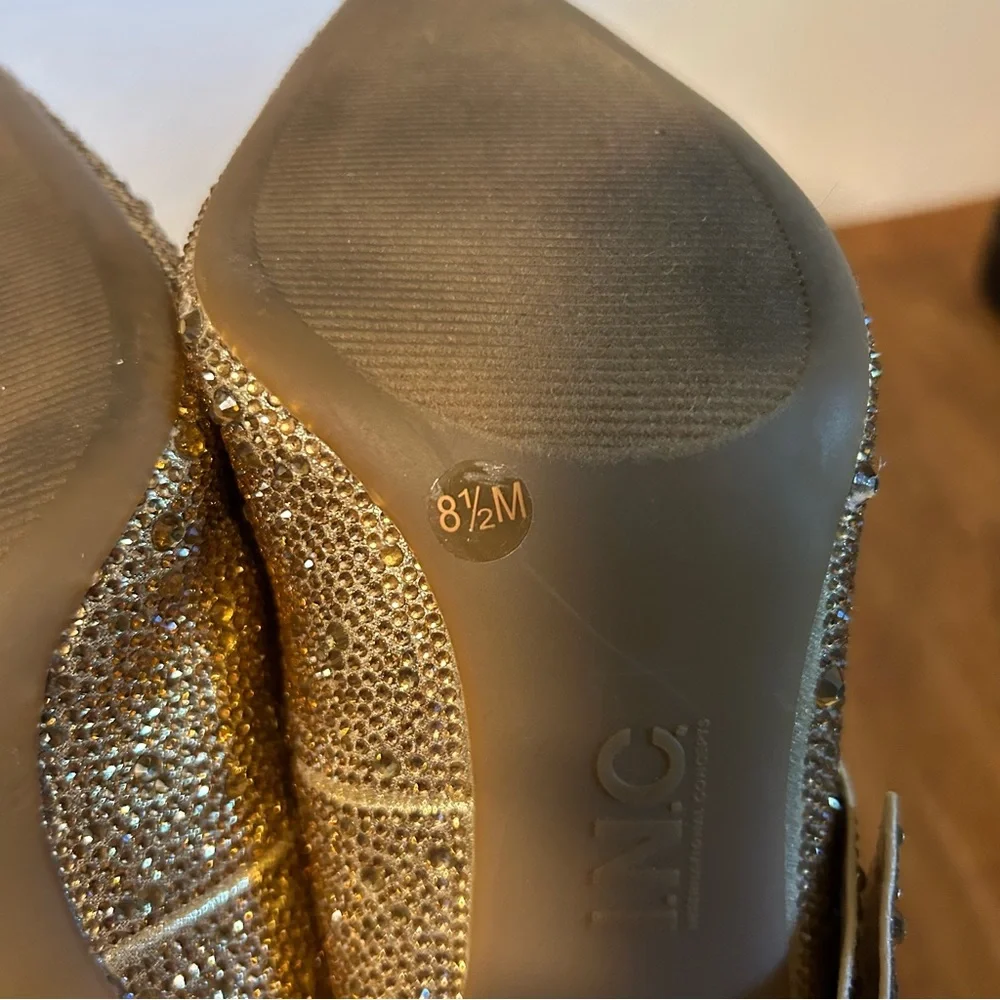 INC International Concepts Silvee Gold Heels with Bow Detail Rhinestones Pointed - Picture 6 of 7